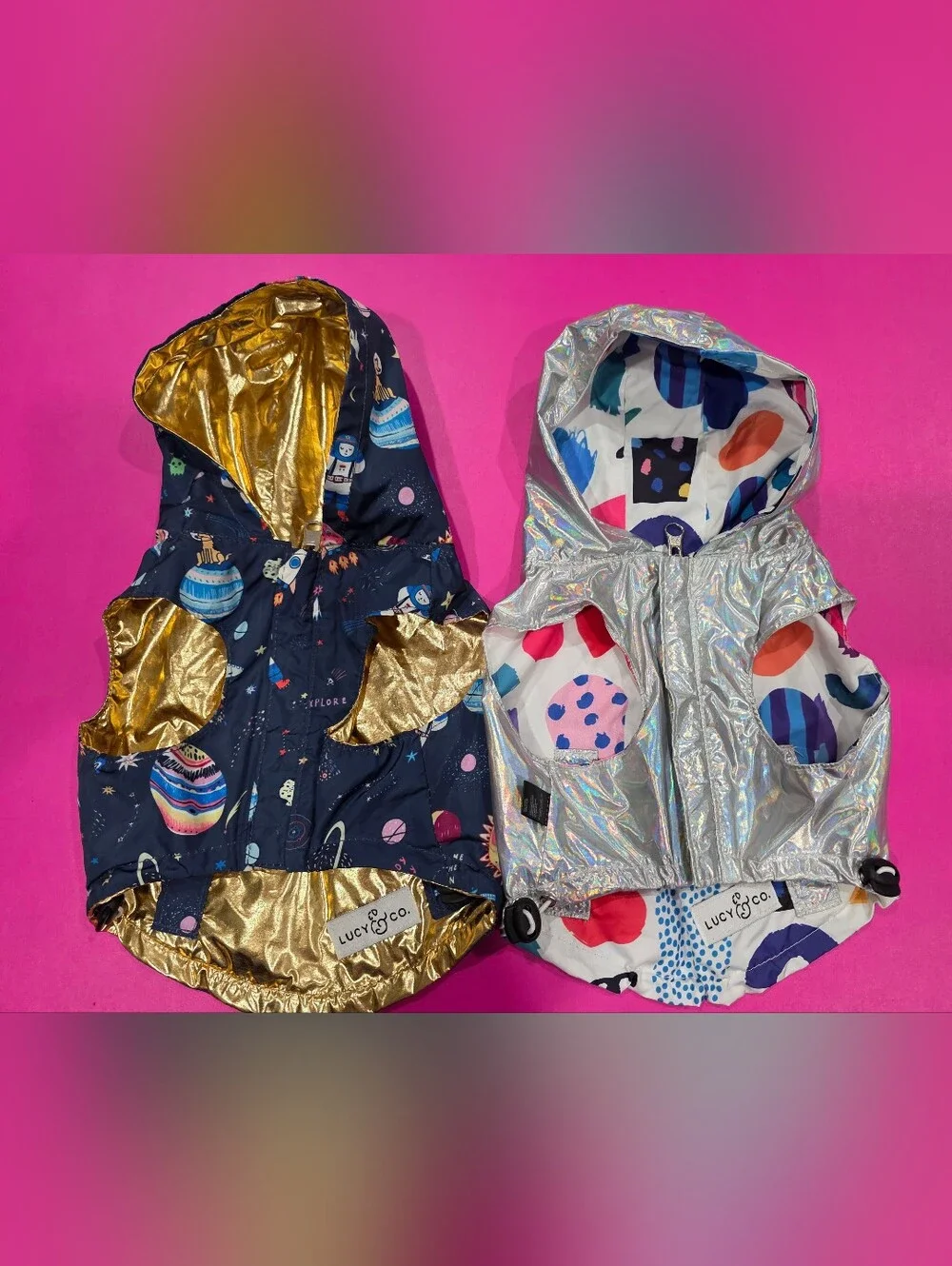 Lucy & Co. Metallic Gold and Multicolor 2 Dog Hooded Jackets